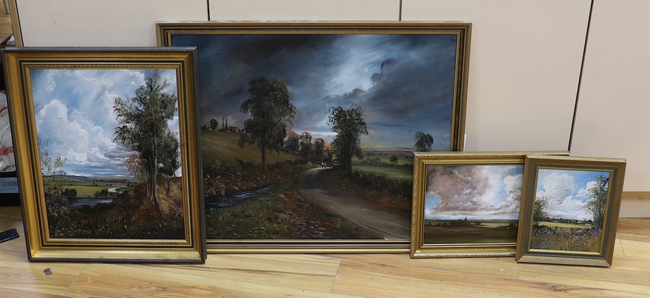 Ray Price (20th century), acrylic on board, Two figures on a road beneath a stormy sky, signed, and three other smaller pictures by the same hand - largest 59 x 75cm (4)